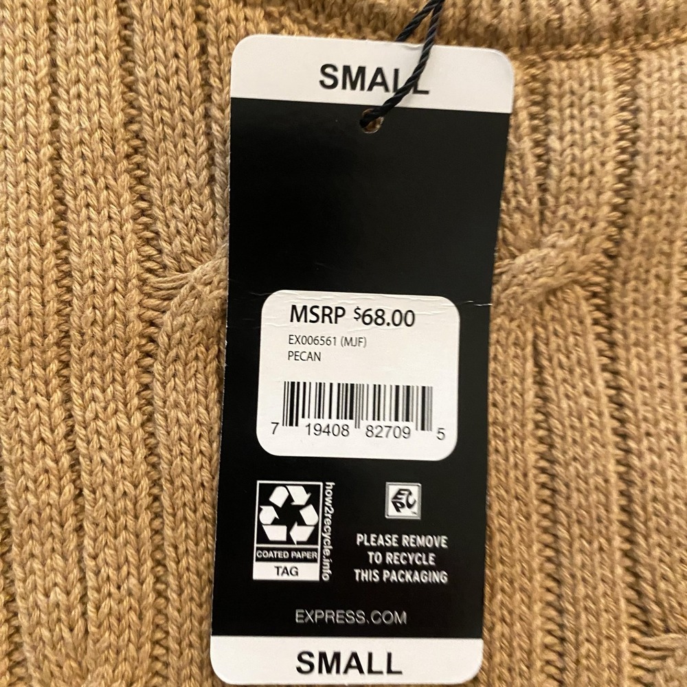 Express Cable Knit Sweater Mens Small Pecan Tan Crewneck Pullover NWT - Picture 4 of 11